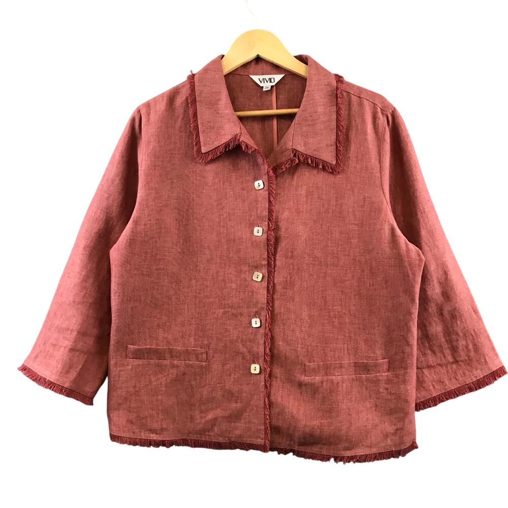 Vivid 100% Linen Tunic Blouse Collar in Pink size 2X